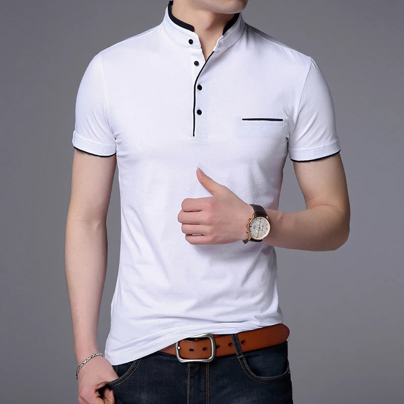 Camisa Polo Masculina. Gola Mandarim de Ajuste Finos